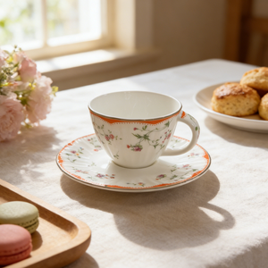 Set Vintage di Tazza e Piattino in Ceramica con Motivi <span class=keywords><strong>Floreali</strong></span> |   Bordo Smerlato con Texture e Rifinitura Oro/Arancione - Product Image 1