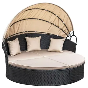 Hight qualidade pátio mobiliário rattan secional redondo outdoor daybed com dossel retrátil