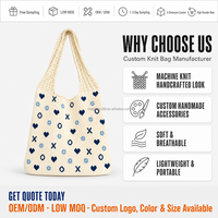 Sac fourre-tout bleu à motif floral tricoté à la machine, sac à bandoulière avec logo personnalisé, aspect artisanal, faible MOQ, marque privée, vente en gros