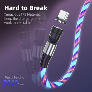 Светящийся Магнитный usb-кабель для быстрой зарядки с поворотом на 540 градусов и светодиодной подсветкой, 2,4 А, кабель для быстрой зарядки мобильного телефона 3 в 1, кабель micro USB C, 1 м, 2 м