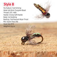 Mouches de pêche à la mouche en gros, tête en tungstène, grizzly hackle, jig nymph, euro flies, nymph humide, truite, basse, perche, leurre de pêche, appât