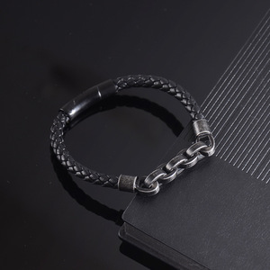 Men's <b>Leather</b> Woven <b>Bracelet</b> Black Stainless Steel Chain 7.5 8.5 9 Inches Everyday Wear Geometric Design - Product Image 1