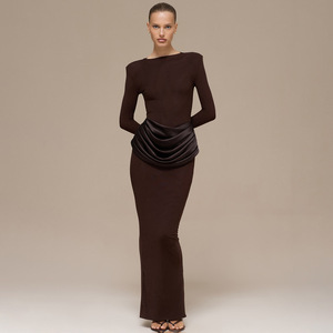 Robe de soirée pour femme, couleur unie, col rond, manches longues, drapée, ajustée, style sirène, tenue de soirée formelle - Product Image 4