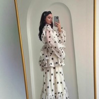 Robe longue vintage à pois pour femme, col montant, manches longues bouffantes, volants superposés, élégante, décontractée, pour soirée