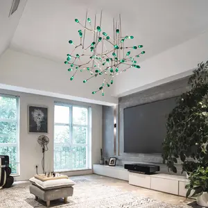 Customized large luxury chandelier aluminum alloy LED green glass lamp shade pendant lamp with flower bud