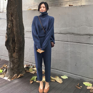 ชุดเสื้อสเวตเตอร์ถักแขนยาวคอเต่าสำหรับผู้หญิง K1170เซ็ต2ชิ้นเสื้อกันหนาวสำหรับฤดูหนาวกางเกงขายาว - Product Image 2