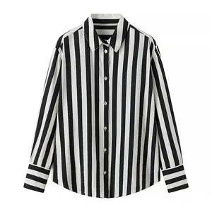 Striped print long sleeve black white color buttons up casual fashion tops for women