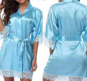 Nuovo <span class=keywords><strong>Accappatoio</strong></span> in Raso Liscio 2025 con Cintura, Vestaglia in Seta con Pizzo Maturo, Pigiama con Mezza Manica - Product Image 1