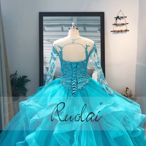 <span class=keywords><strong>Vestido</strong></span> <span class=keywords><strong>de</strong></span> fiesta Ruolai LWC6579 <span class=keywords><strong>de</strong></span> manga larga, tul <span class=keywords><strong>azul</strong></span> <span class=keywords><strong>turquesa</strong></span>, con cristales, estilo princesa, para quinceañera. - Product Image 6