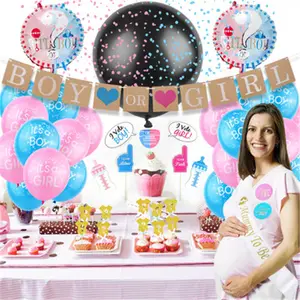 Kit perlengkapan pesta populer jenis kelamin bayi dekorasi pesta dengan balon hitam lapisan atas kue Foil dan balon biru merah muda