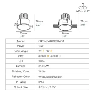 XRZLux ETL 15W Anti-glare LED IP44 Waterproof Spot Lighting Trimless Recessed Down Light For Hotel Downlights Bathroom Spotlight