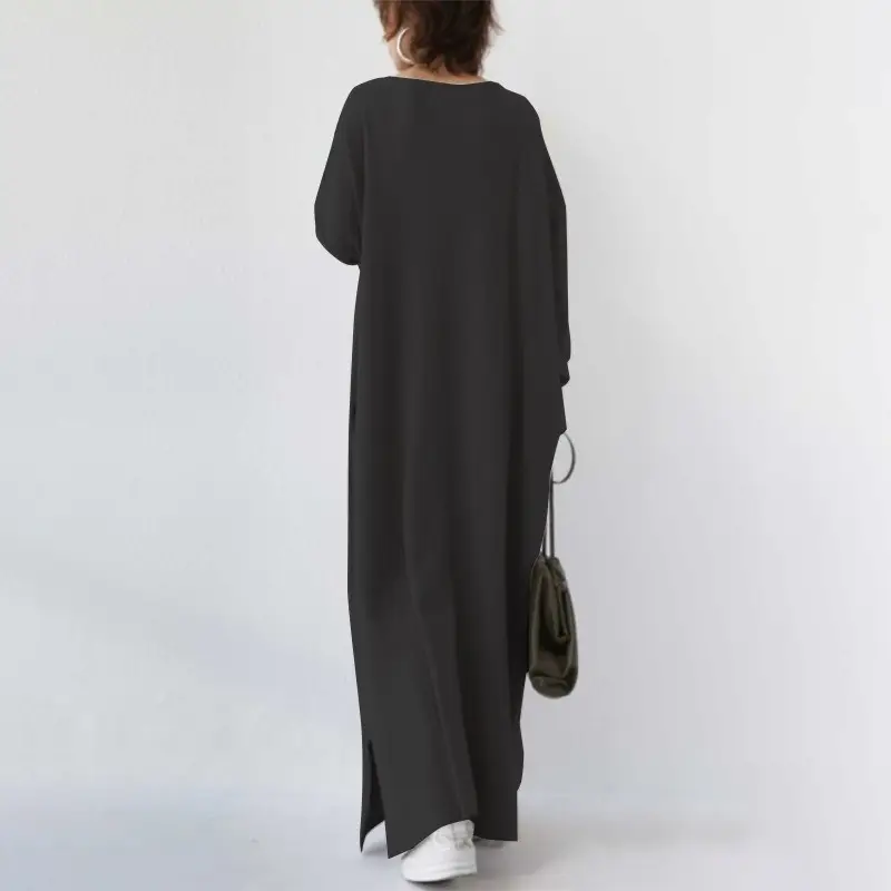 Long Sleeve Pockets Maxi Dress Loose and Casual with, Split Cotton Linen Womens Shirt Long Dresses/