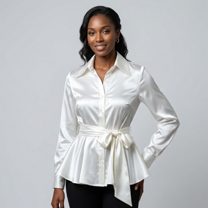Blusa de seda elegante con lazo en el cuello, de alta calidad, nueva, al por mayor, blusa de seda de manga larga para mujer - Product Image 2