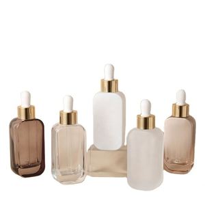 50ml Stock Cosmetic Package Luxury Square Hot Stamped Flat Glass <b>Dropper</b> <b>Bottle</b> with Latex Head and Plastic Cap - Product Image 1