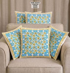 Hand Block Printed Floral Cushion Cover 24x24 Inch – Blue & Yellow Cotton <b>Decorative</b> <b>Pillow</b> Cover - Product Image 4