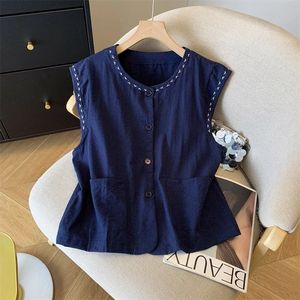 Women's Sleeveless Cotton <b>Linen</b> Vest Yellow Round Neck Button Front Breathable Summer <b>Top</b> - Product Image 3