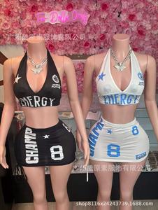 Completo Estivo da Donna con Stampa Lettering, Top Corto con Allacciatura al Collo e Minigonna, <span class=keywords><strong>Outfit</strong></span> <span class=keywords><strong>Sexy</strong></span> per Club e Feste - Product Image 6