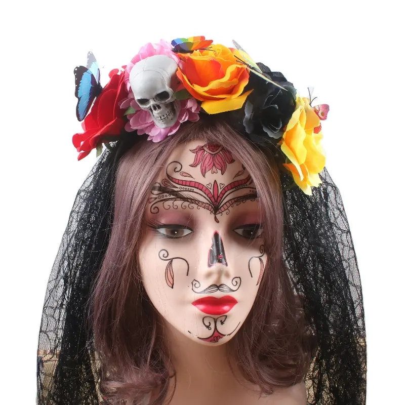 Décorations de fête mexicaine, bandeau de cheveux en dentelle Rose Halloween avec bandeau tête de mort