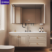 Set Meja Rias Kamar Mandi Gaya Prancis Warna Beige Dengan Kabinet Cermin Lampu LED dan Laci Soft Close, Kabinet Wastafel Kamar Mandi untuk Hotel