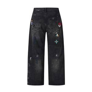 Calças Largas de Tubo Reto Estilo Solto, Jeans Rasgado com Múltiplos Emblemas Bordados para Homens - Product Image 5