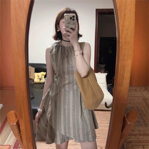 French Striped Sleeveless Vest Dress For Women Summer Irregular Design Tie Neck Natural Waist Daily Casual Short Skirt - Product Image 4
