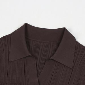 Ensemble décontracté pour femmes, haut en tricot à col châle uni de couleur café vintage, manches longues, simple boutonnage, jupe taille haute respirante - Product Image 4