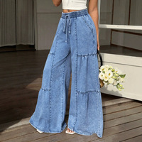 Jean tendance à taille élastique et jambe large, avec cordon de serrage et volants, en denim, grande taille, coupe ample, patchwork, pantalon long pour femme