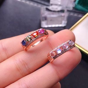 Nhiều Opal tự nhiên Sapphire Tanzanite nửa Eternity ban nhạc Nhẫn S925 Sterling <span class=keywords><strong>Silver</strong></span> bạc 3*4mm hình bầu dục cắt đá quý trang sức bán buôn - Product Image 2