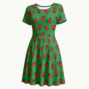 Abito da <span class=keywords><strong>donna</strong></span> verde con stampa <span class=keywords><strong>coccinella</strong></span>, casual, a maniche corte, gonna a trapezio con doppie tasche laterali, grazioso abbigliamento con grafica animale - Product Image 2