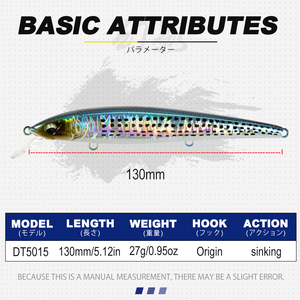 Leurre de pêche en mer D1 130mm 27g, wobblers artificiels coulants durs, profondeur 40-70cm, longue portée, minnow jerkbait pour la pêche au bar et à la truite - Product Image 2