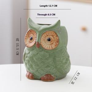 Pot de fleurs en céramique miniature créatif et mignon, décoration personnalisée, petit animal hibou, moderne, émaillé, tourne au four, vert bronze - Product Image 6