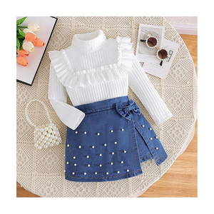 Ensembles de vêtements pour filles, hiver, col montant à volants, rayures verticales, tricot, culottes en denim, 2 pièces, vêtements pour enfants - Product Image 1