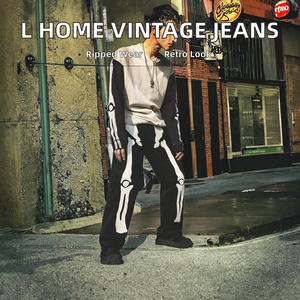 Jean vintage taille haute en coton tricoté respirant avec logo frontal, coupe droite, style workwear automne, délavé - Product Image 5