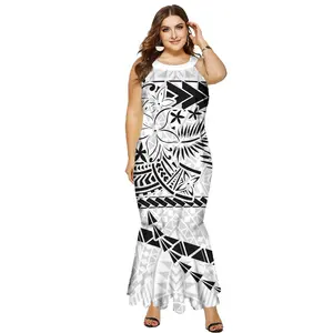 O-neck Sleeveless Bodycon Mermaid Style Polynesian Dress Samoan White Hawaiian Tribal Women Clothing Plus Size Dress