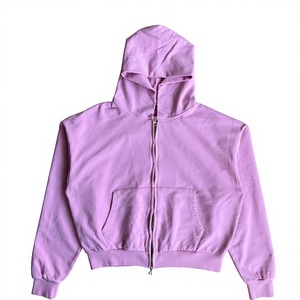 Felpa con cappuccio vintage in spugna tinta unita, vestibilità ampia e squadrata, con zip, rosa, personalizzabile con ricamo, stile streetwear - Product Image 1