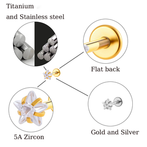 Bijoux en titane HENGSEN, boucles d'oreilles <span class=keywords><strong>à</strong></span> dos plat fileté intérieurement, anneau de <span class=keywords><strong>l</strong></span>èvre en forme de cœur et d'étoile avec zircon cubique, bijoux de piercing pour <span class=keywords><strong>l</strong></span>'oreille - Product Image 2