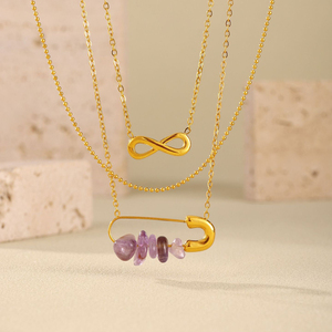 <span class=keywords><strong>Collier</strong></span> à breloques en cristal de guérison avec épingle de sûreté faite à la main <span class=keywords><strong>Collier</strong></span> de perles en acier inoxydable plaqué or 18 carats - Product Image 1
