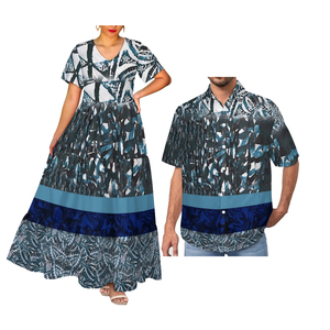 Abito Elegante a Strati con Scollo a V per Donna e Camicia con Colletto per Uomo con Stampa a Sublimazione Design Polinesiano Tie-dye - Product Image 4