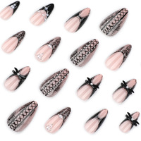 Faux ongles en amande à presser, couleur nude avec nœud en dentelle noire et perle, style gothique Y2K, pour femmes