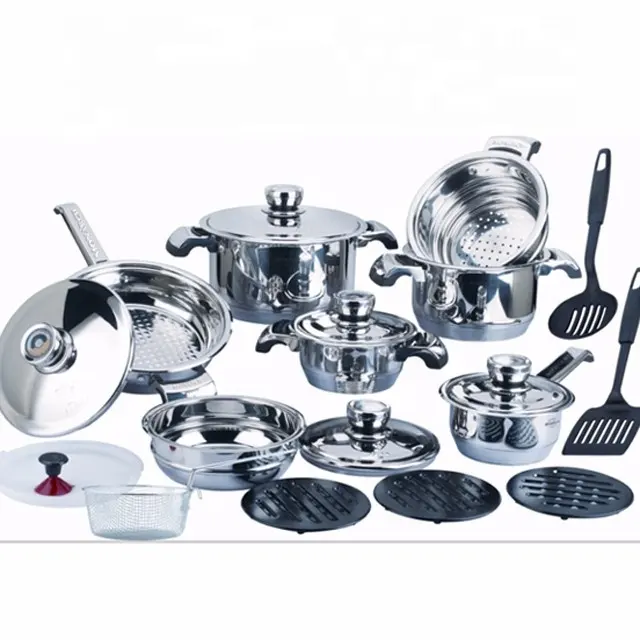 Factory supplies 24pcs s/s wide edge cookware set with 7-step bottom mirror polishing s/s lid with thermometer