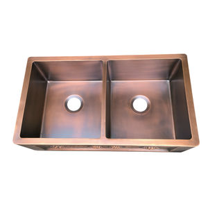 Évier de <span class=keywords><strong>cuisine</strong></span> de luxe <span class=keywords><strong>90</strong></span> <span class=keywords><strong>cm</strong></span> en cuivre finition antique, fait main, couleur café clair, double bac, installation à encastrer, deux compartiments - Product Image 2