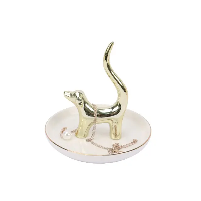 女性のためのゴールドリム付き動物型ロングテール犬デザインセラミックジュエリーディッシュリングトレイ