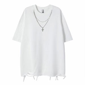 T-shirts déchirés et délavés à manches courtes pour hommes, style hip-hop européen et américain, avec logo personnalisé, coupe ample, style streetwear - Product Image 1