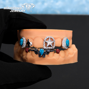 Grillz personnalisé haut et bas 6 8 en argent, turquoise, or rose, Moissanite VVS, plaqué or 14K, style Hiphop, serti, bijoux fins unisexe - Product Image 6