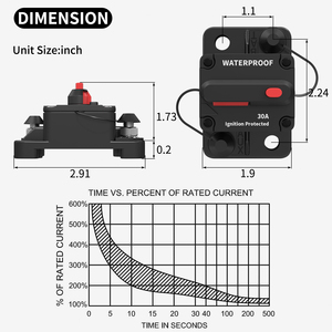 1pc Disjoncteur miniature étanche 12V-24V DC 30 Ampères pour protection de l'alimentation des caissons de basses automobiles, des systèmes marins, de camping-cars, de bateaux et solaires - Product Image 2