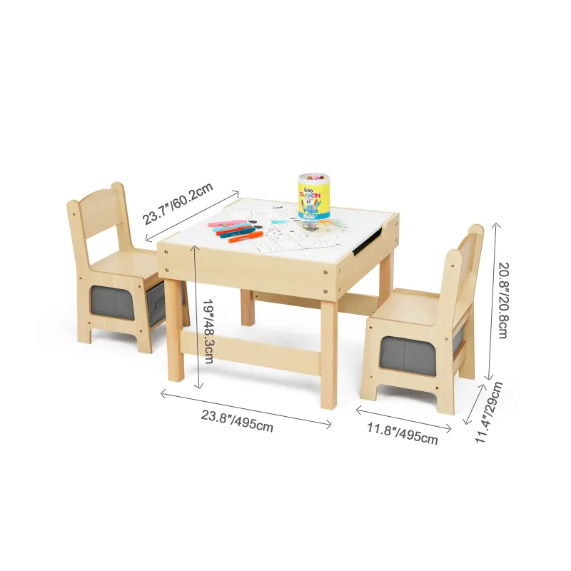 Holz-Kindermöbel-Sets doppelseitiger Tisch und Stühle für Kinder Aktivitättisch mit Aufbewahrungsbox