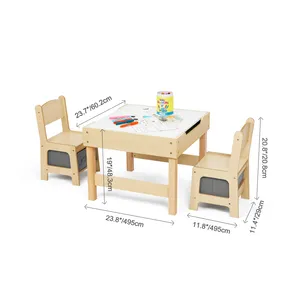 Ahşap çocuk mobilya setleri çift taraflı tahta masa ve sandalyeler çocuklar için etkinlik masası ile saklama kutusu