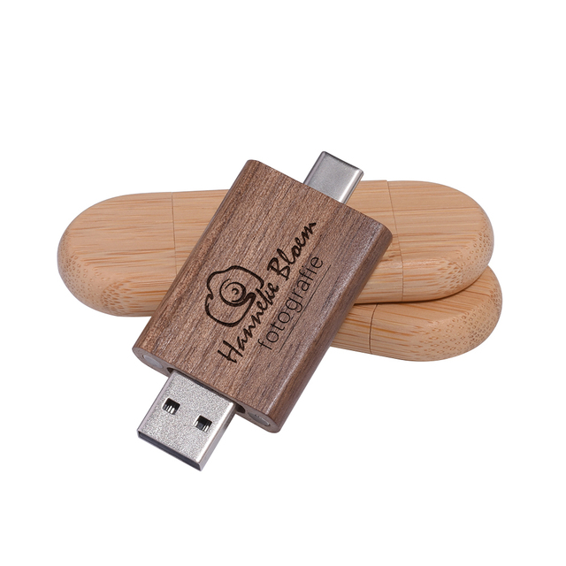 For 2-in-1 USB 2.0 Type-C Wooden Flash Drive 32GB-128GB for Phones