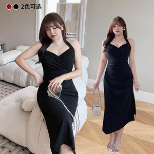 Vestido Camisero Runqi N8425 con Cuello Halter, Color Sólido, Cintura Ajustada, para Fiestas, Casual, Negro y Rojo - Product Image 2