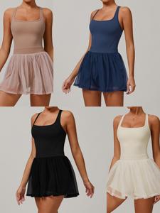 女性用フィットネスセット女性用服ドレス2 In1エコフレンドリーテニススカートY2Kドレスジムスーツトラックスーツ女性用チュールスカート - Product Image 3